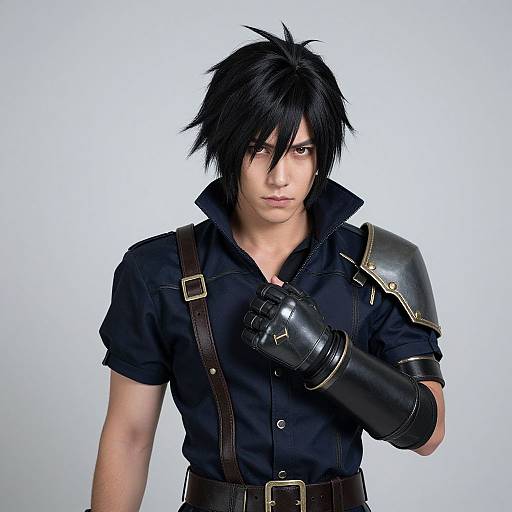 Photograph of a young Asian man with spiky black hair, wearing a black shirt, leather gloves, shoulder armor, and brown straps, against a