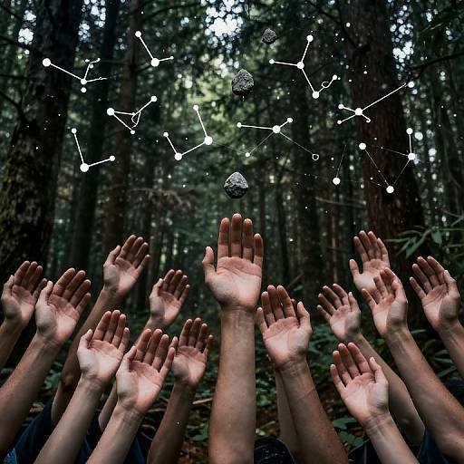 Photograph of numerous outstretched hands in a dark forest, reaching towards a celestial constellation of stars and planets above.