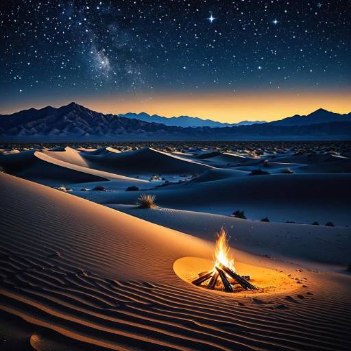 Desert Twilight with Campfire and Starry Sky