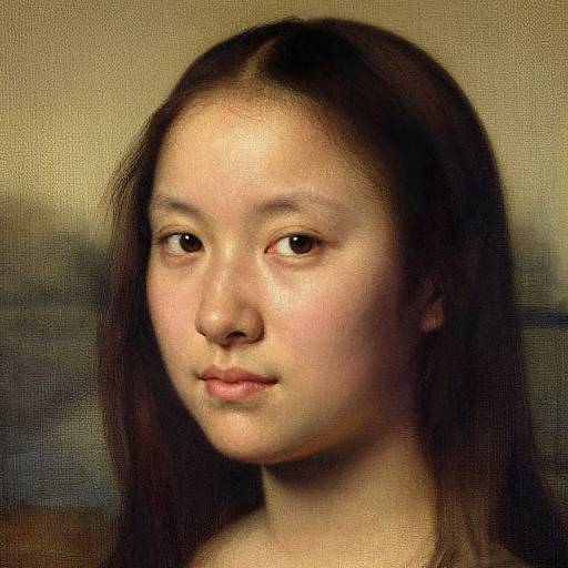 Photographic-style digital portrait of a young Asian woman with fair skin, long dark brown hair, and subtle smile, set against a softly blurred, neutral