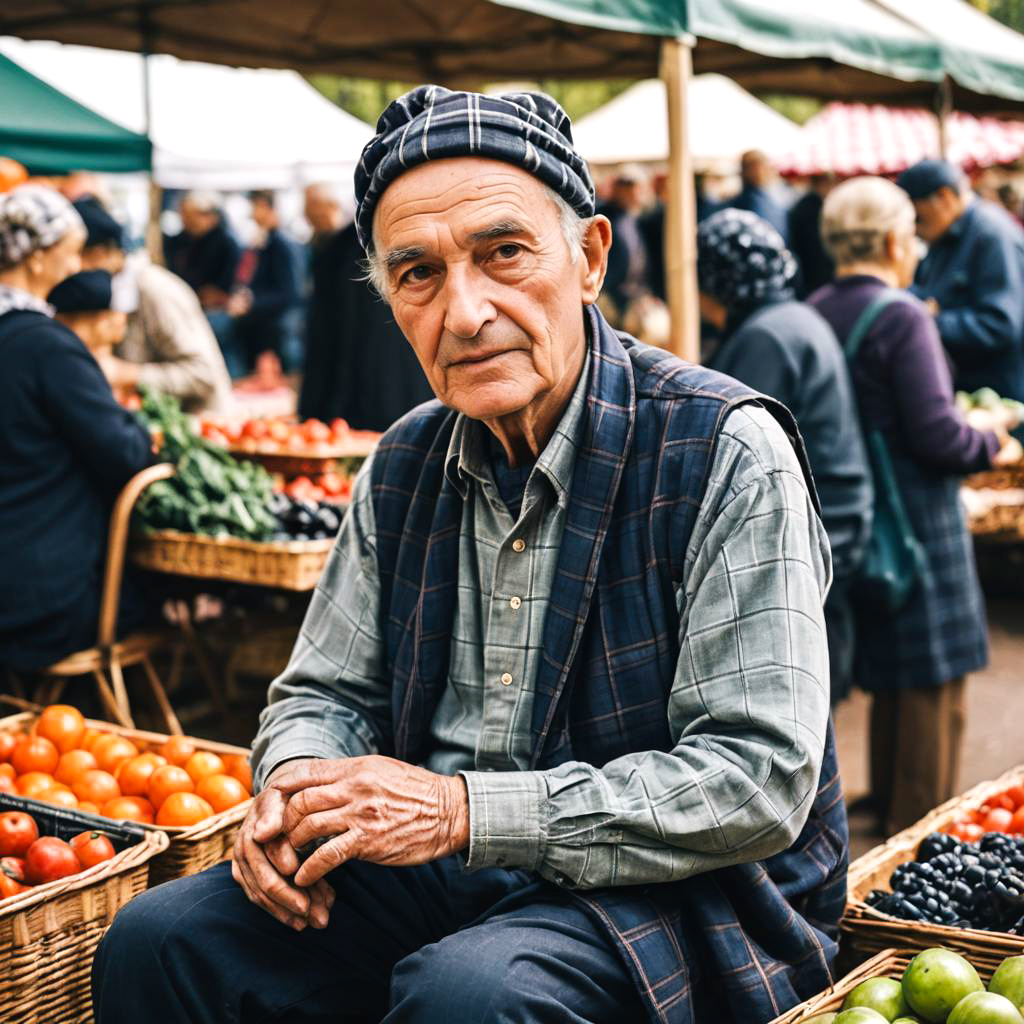 Elderly Man at Farmers Market Scene