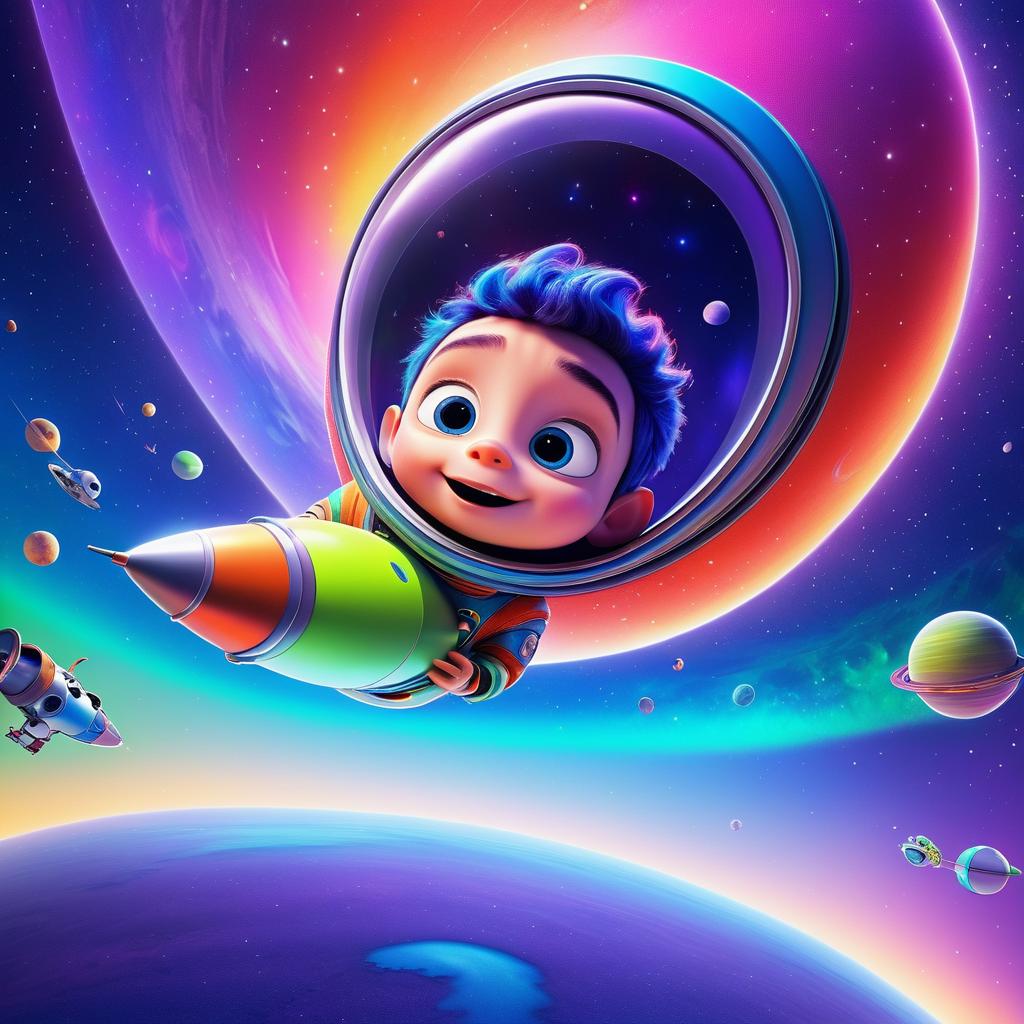 Adventurous Alien Boy in Colorful Space Launch