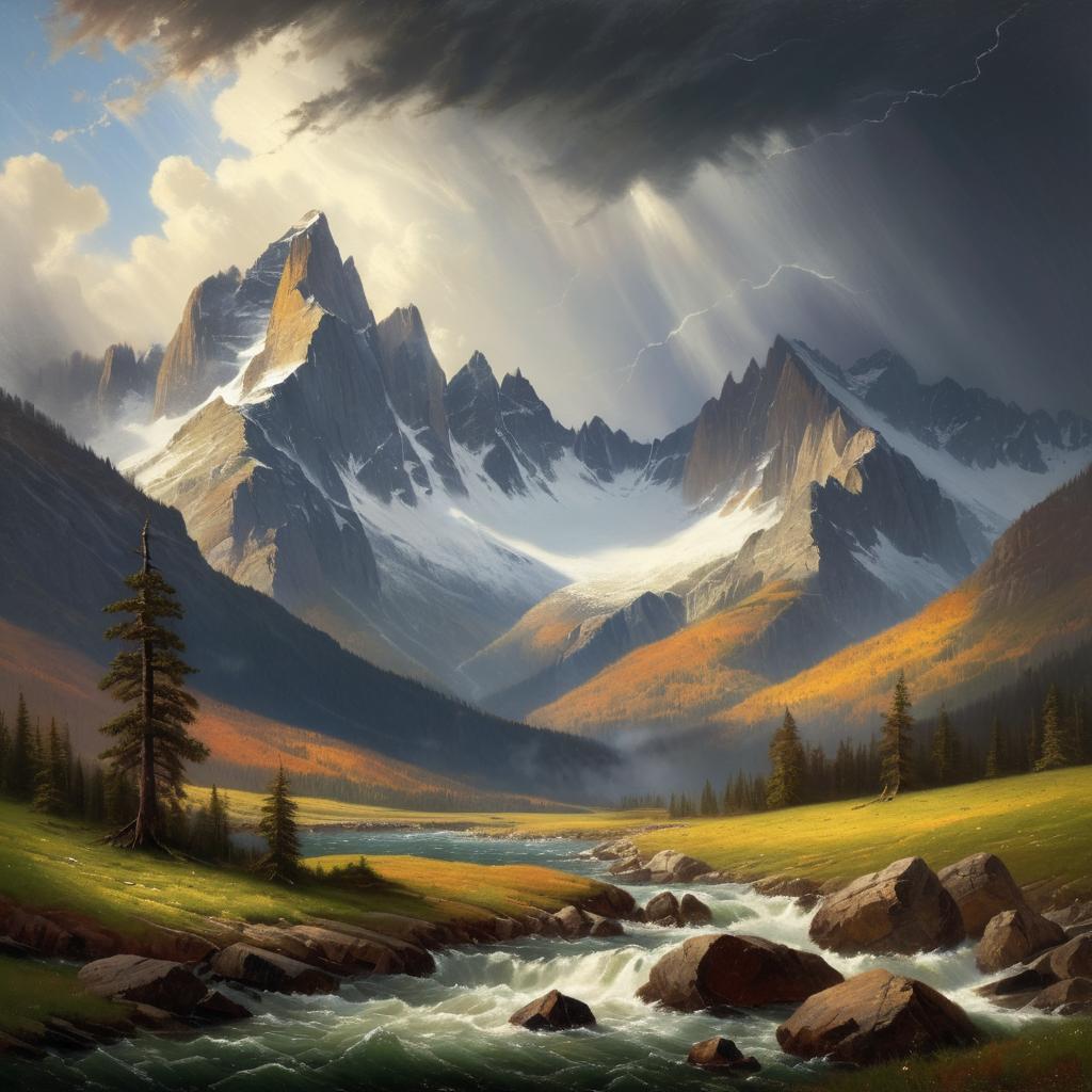 Dramatic Mountain Landscape in Bierstadt Style