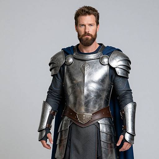 Photograph of a bearded man in full medieval-style silver armor with a dark blue cloak, standing against a plain white background.