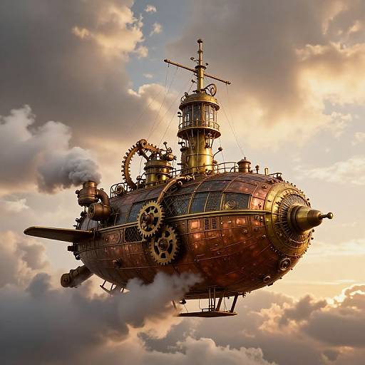 Steampunk airship with intricate gears, copper panels, and smoke, soaring through a dramatic, sunlit cloudy sky. Digital artwork.