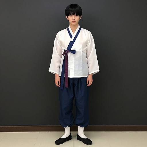 Photograph of an East Asian young man with black hair, wearing a white hakama top, navy blue hakama pants, white socks, and black