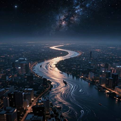 Aerial photograph of a city at night, showcasing a winding river illuminated by streetlights under a starry, Milky Way-filled sky.