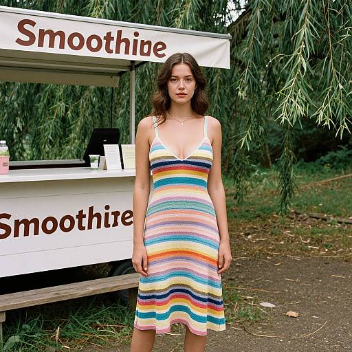Photograph of a young woman with wavy brown hair, wearing a rainbow-striped sundress, standing in front of a 
