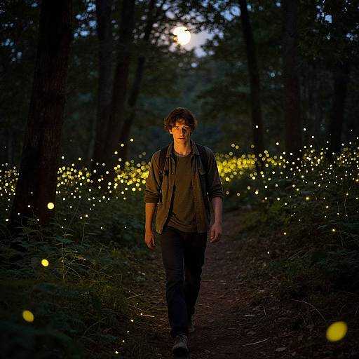Photograph of a young man with curly hair walking a forest path at dusk, surrounded by glowing fireflies, wearing a dark shirt and jeans, with