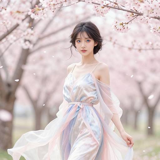 Digital painting of an Asian woman with short black hair in a white, off-shoulder, flowing dress, standing among cherry blossoms.