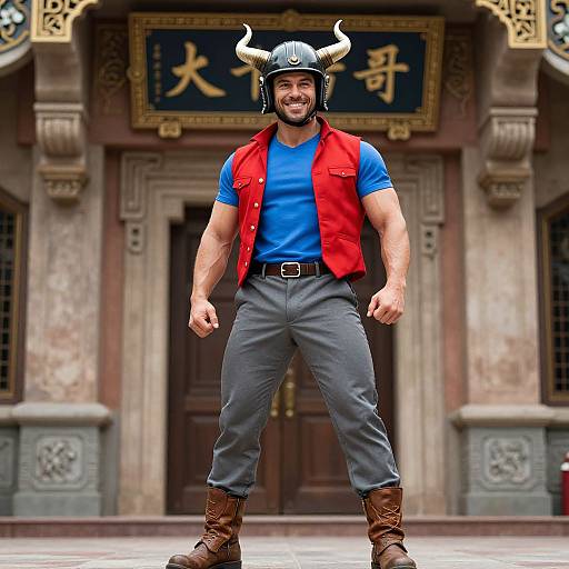 Confident Muscular Man in Horned Helmet