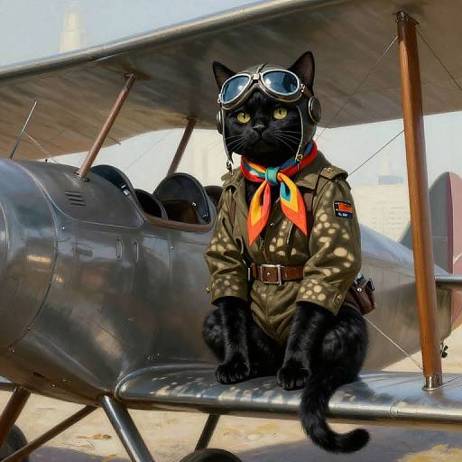 Digital illustration of a black cat in aviator gear with goggles, red scarf, and military jacket, sitting on a vintage biplane.