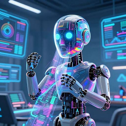Neon-lit, futuristic robot with glowing blue eyes and multicolored lights, holding a transparent holographic screen in a high-tech control room.
