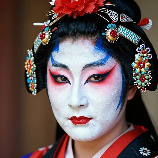 Photograph of a Japanese geisha with white face paint, blue and pink eyeshadow, red lipstick, black hair adorned with vibrant floral and metal