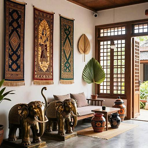 Photograph of a traditional Asian-style living room with golden elephants, ornate tapestries, potted plants, and wooden shoji screens.