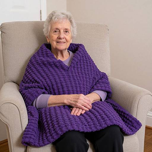 Photograph of elderly woman with short white hair, wearing purple chunky knit blanket over gray shirt and black pants, sitting on beige armchair in bright