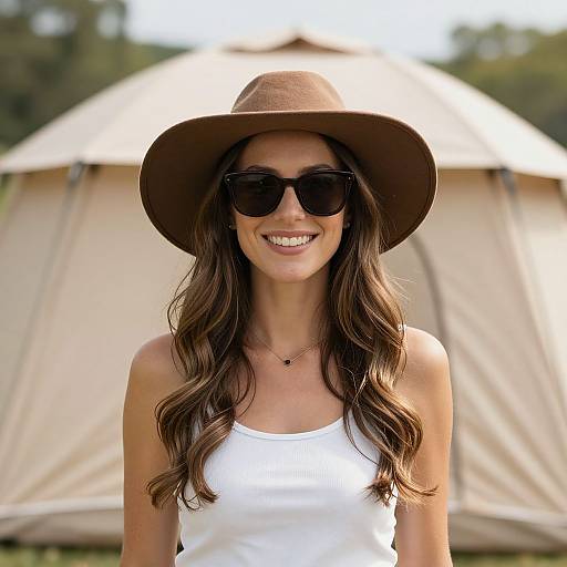 Photograph of a smiling woman with long brown wavy hair, wearing a brown wide-brim hat, black sunglasses, white tank top, and necklace