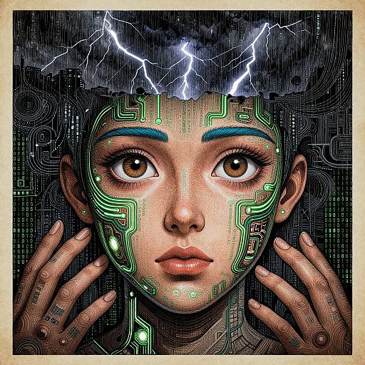 Digital artwork of a young woman with cybernetic green circuit patterns on her face, brown eyes, and lightning bolts above her head, hands gently touching