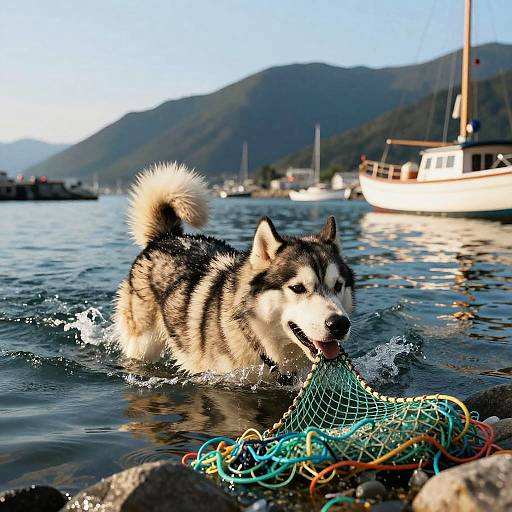 Alaskan Malamute Retrieving Nets in Harbor