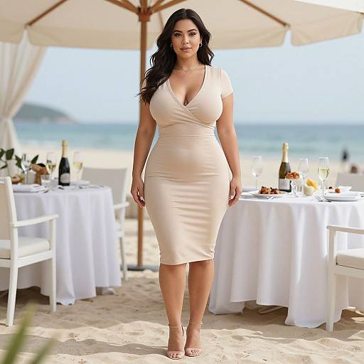 Photograph of a curvy woman with long black hair in a beige, V-neck, form-fitting dress, standing on a beachside outdoor dining
