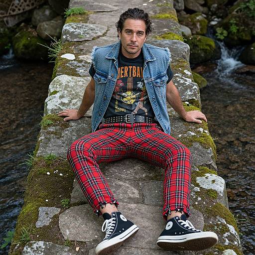 Photograph of a young man with curly hair, wearing a denim vest, graphic tee, red plaid pants, and black sneakers, sitting on a