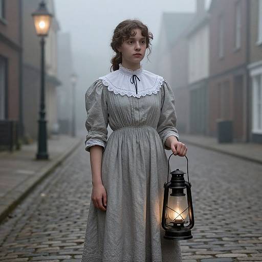 Photograph of a young woman in a Victorian-style grey dress with white lace collar, holding a lantern on a foggy cobblestone street.