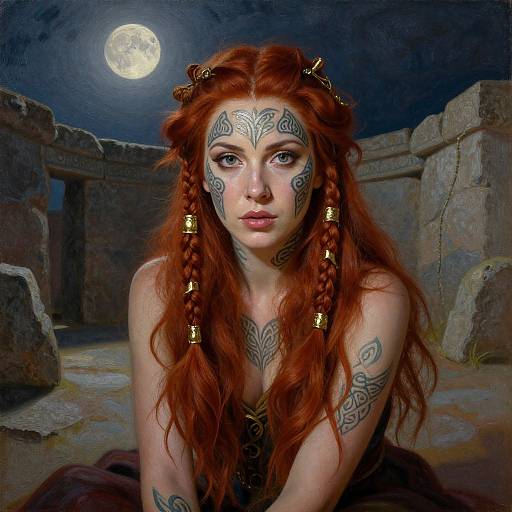 Digital fantasy portrait of a red-haired woman with intricate tattoos, braided hair, moonlit ruins background, and a full moon above.
