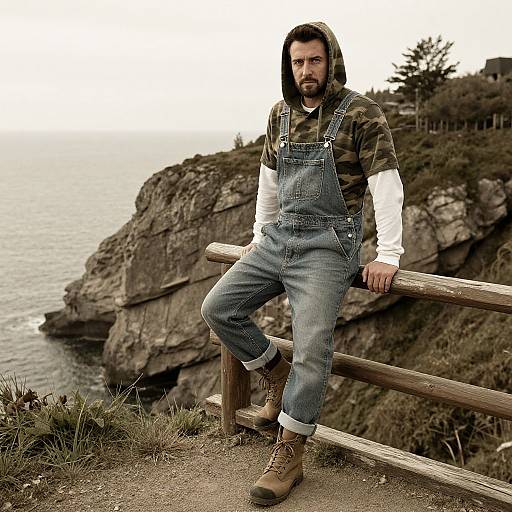 Rugged Cliffside Man in Camo and Denim