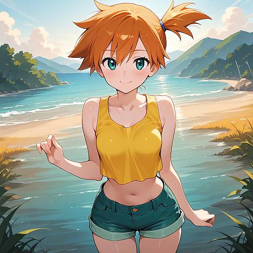 Digital anime-style drawing of a cute, orange-haired girl with blue eyes, wearing a yellow crop top and green shorts, standing by a serene river with