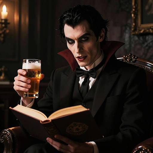 Photorealistic digital art: Pale vampire with dark hair, sharp features, black suit, holding glass of amber liquid, reading book in dimly lit
