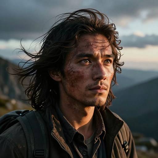 Photograph of a rugged, disheveled young man with dark, wavy hair, blood on his face, wearing a dark jacket, set against