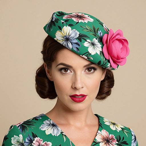 Photograph of a fair-skinned woman with red lipstick, dark wavy hair, wearing a green floral hat with a pink rose, matching green floral