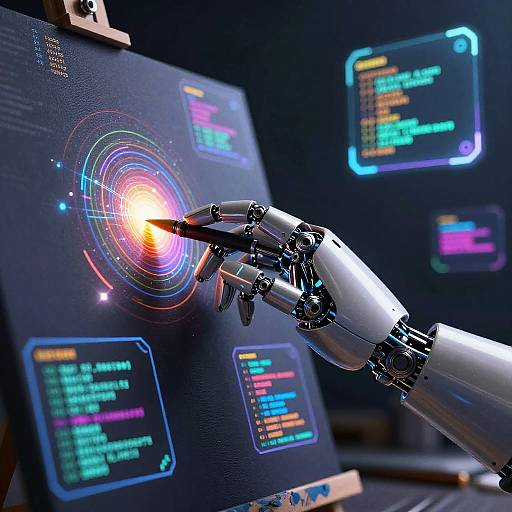 Photograph of a metallic robotic hand with a glowing red laser pointer interacting with a neon-lit, holographic computer screen displaying colorful code and data.