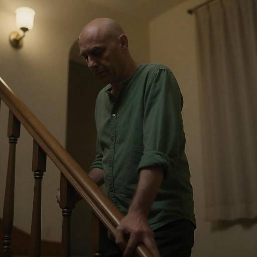Bald Man on Wooden Staircase in Hallway