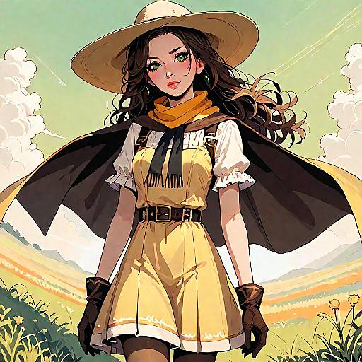 Curly-Haired Alena Outdoors in Yellow Dress