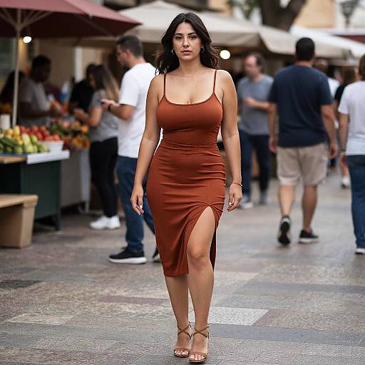 Photograph of a curvy Latina woman with long black hair, wearing a tight, rust-colored dress with a thigh slit, walking confidently on a busy