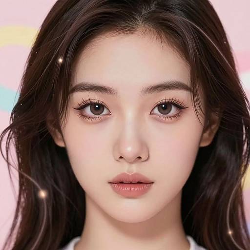 Digital portrait of a young Asian woman with fair skin, long dark hair, large brown eyes, subtle makeup, and a neutral expression. Background features soft