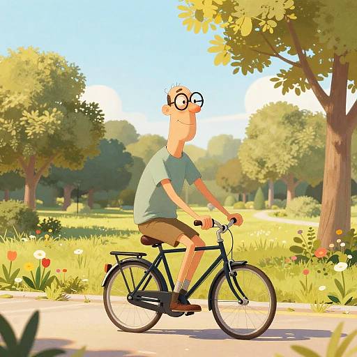 Cartoon drawing of a bald, glasses-wearing man in a green shirt and brown shorts riding a black bicycle in a sunny park with trees and flowers