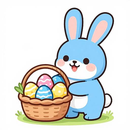 Cute digital drawing of a blue bunny with pink inner ears, holding a basket of colorful Easter eggs on green grass.