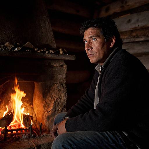 Photograph of a middle-aged man with dark hair and stubble, sitting by a roaring fireplace in a rustic wooden cabin. He wears a dark sweater