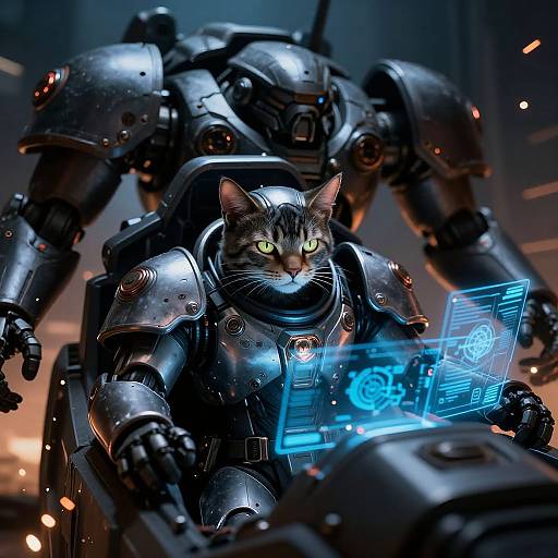 Digital artwork of a glowing-eyed cat in futuristic, silver armor holding a holographic screen, accompanied by a towering robot in a dimly lit, sci