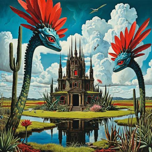 Surreal Wetland Landscape with Mythical Creatures and Gothic Architecture