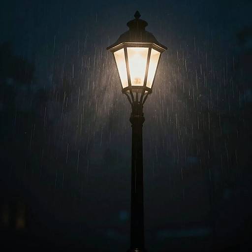 Photograph of a glowing, octagonal street lamp in the rain, casting a bright white light against a dark, rainy night sky.