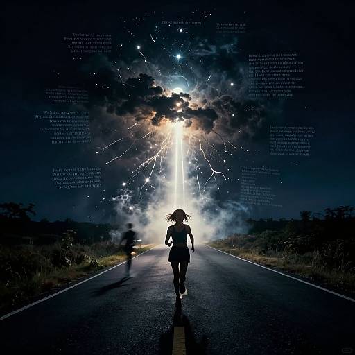 Digital art: Silhouetted figure with a hat and backpack walks on a road towards a bright, celestial explosion in the night sky. Text overlays