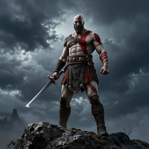 Photorealistic digital artwork of a muscular, blood-streaked barbarian warrior with a helmet, leather armor, and sword, standing on a rocky
