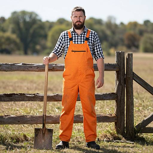 Photograph of a bearded man with a short beard, wearing bright orange overalls and a black-and-white checkered shirt, standing with a shovel