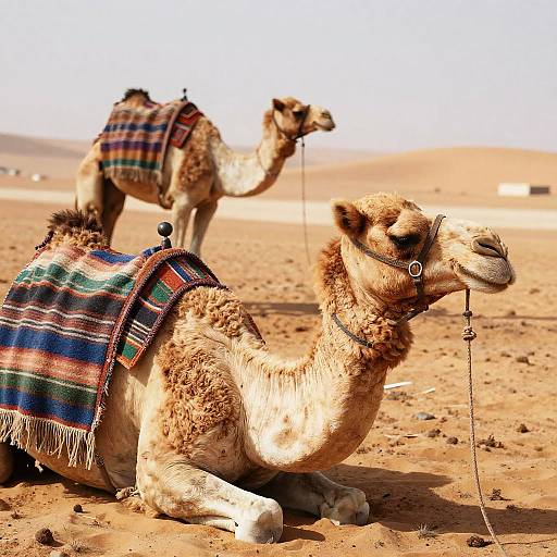 Photograph of two camels in a desert, both adorned with colorful striped blankets, lying on sandy ground under a bright sky.