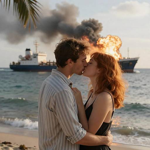 Passionate Ocean Kiss with Explosive Background
