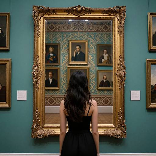 Photograph of a woman with long black hair, wearing a black dress, standing before an ornate gold-framed portrait gallery on a teal wall.