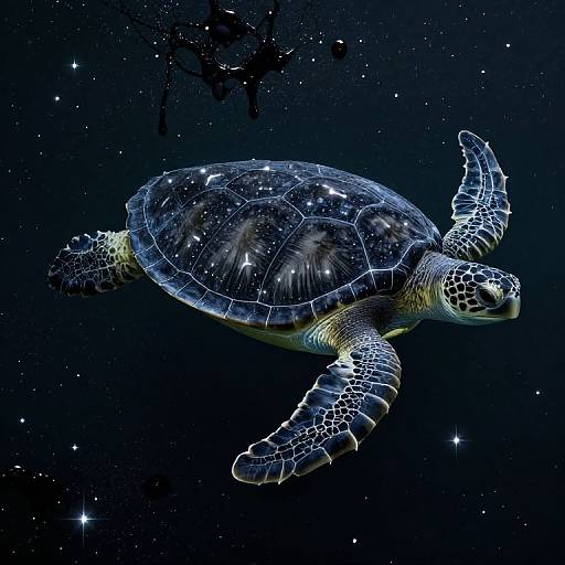 Digital artwork of a glowing sea turtle with a starry-patterned shell, swimming in a dark, star-filled ocean, with a silhouette of a diver